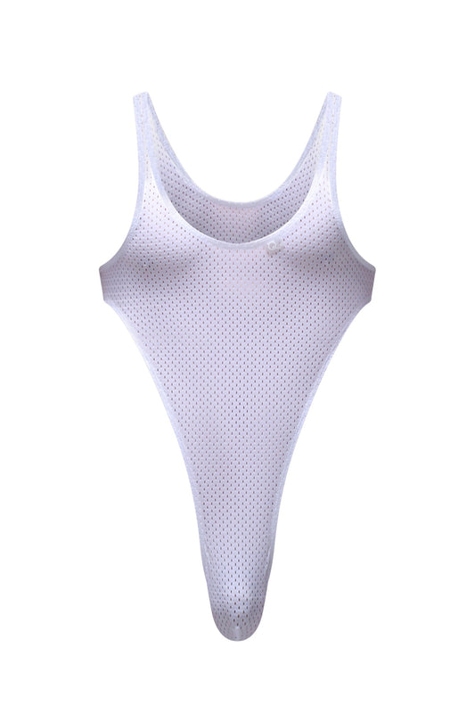 White mesh high-cut bodysuit with scoop neckline and thin straps petiteq bodythong carbay bee white front view