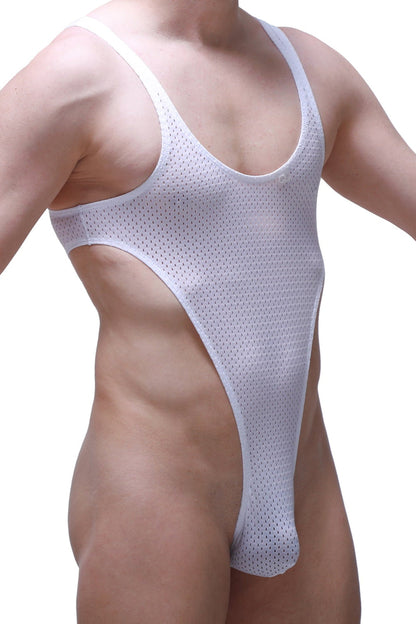 White mesh men’s one-piece swimsuit petitq bodythong carbay bee white with thin shoulder straps and high-cut legs