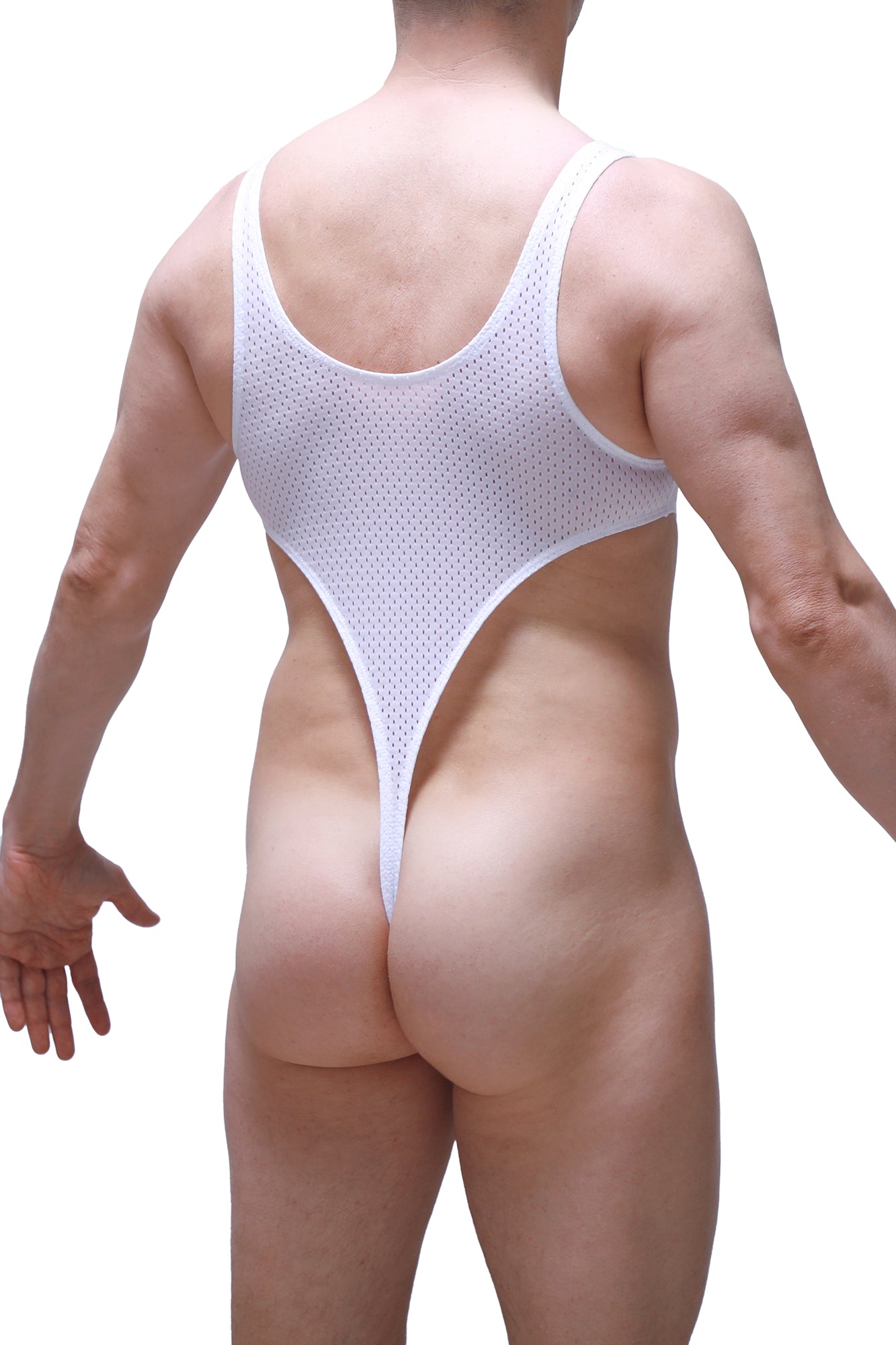 White mesh one-piece swimsuit by petitq with a plunging back and high-cut leg openings in white