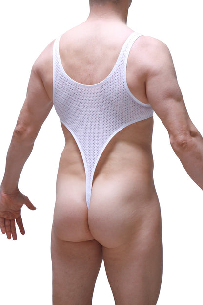 White mesh one-piece swimsuit by petitq with a plunging back and high-cut leg openings in white