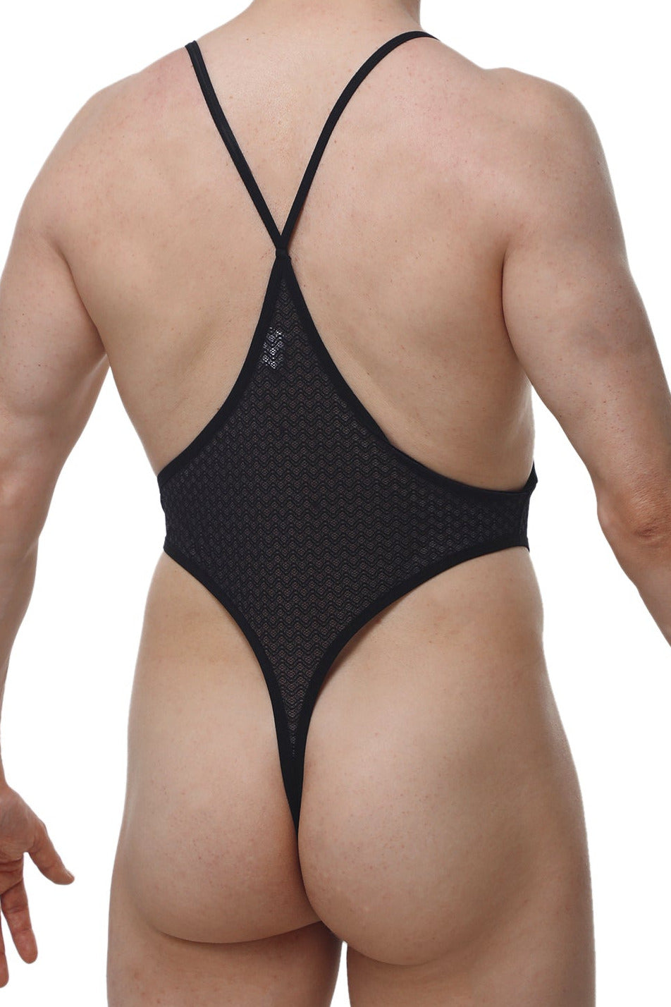 Black mesh one-piece swimsuit with thin crisscross straps and low-cut back shown from the back side petiql bodythong causson macra black