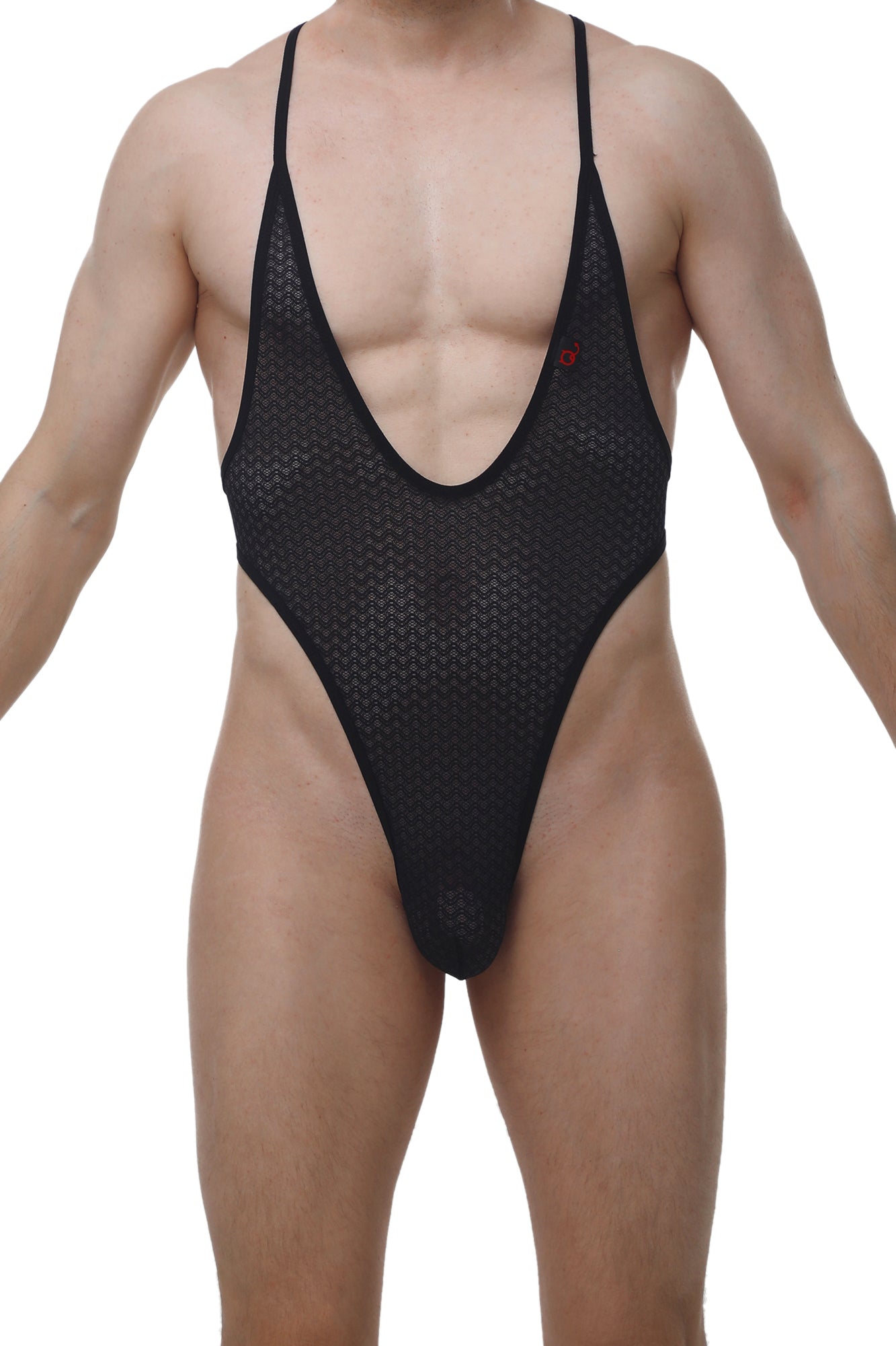 PetitQ bodythong causson macra black black mesh one-piece swimsuit with thin straps and deep v-neckline