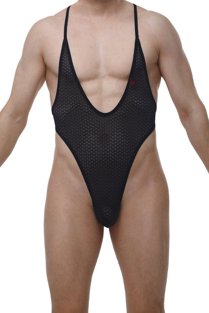 PetitQ bodythong causson macra black black mesh one-piece swimsuit with thin straps and deep v-neckline
