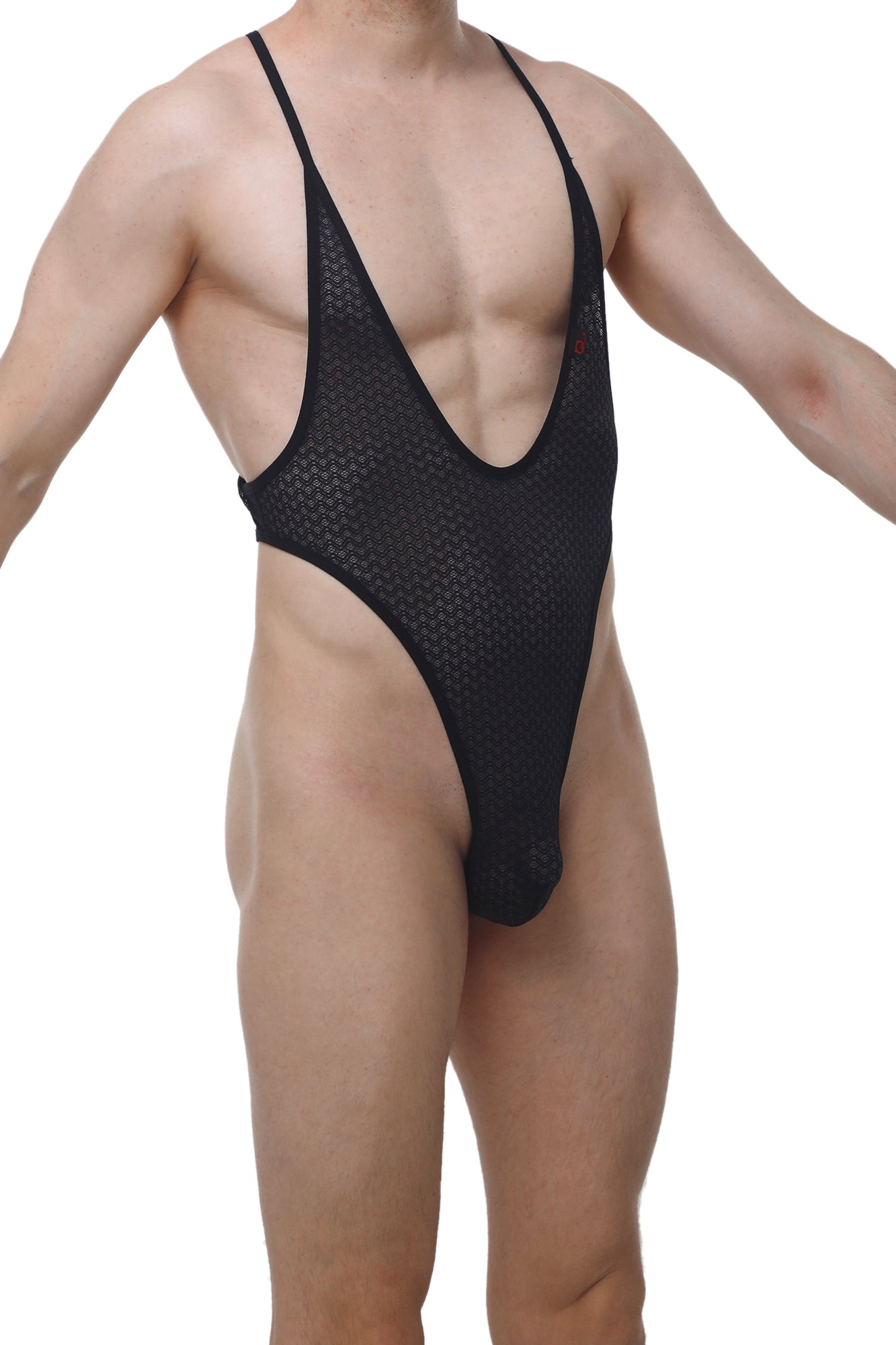 PetitQ bodythong causson macra black black mesh one-piece swimsuit with thin straps and deep v-neckline