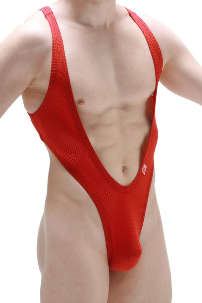 Petitq bodythong lepuil bee red red mesh one-piece swimsuit with deep v-neckline and high-cut legs