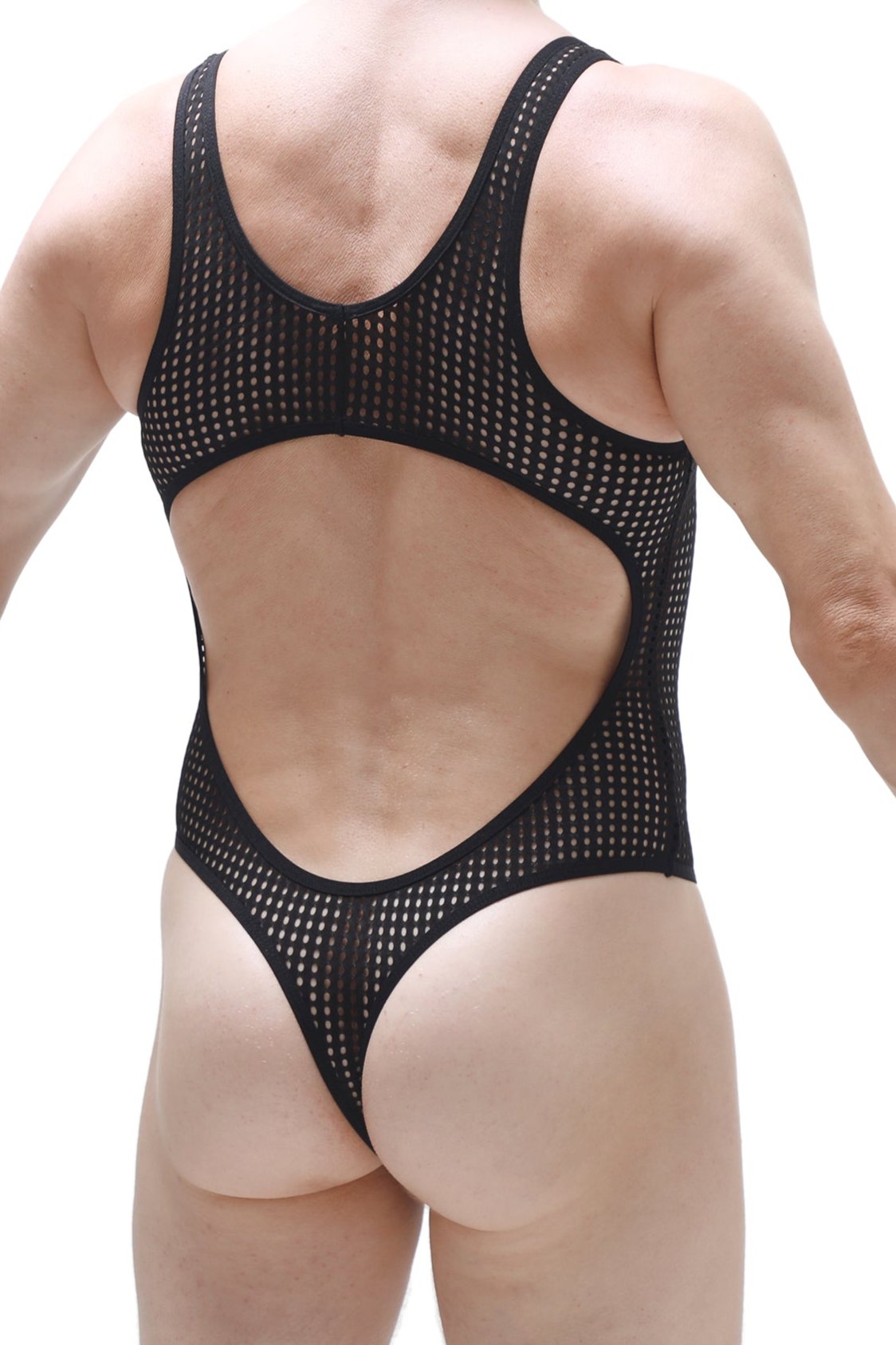 Black mesh one-piece swimsuit by PetitQ Bodythong Nexon Durtol showing cutout back and thong bottom