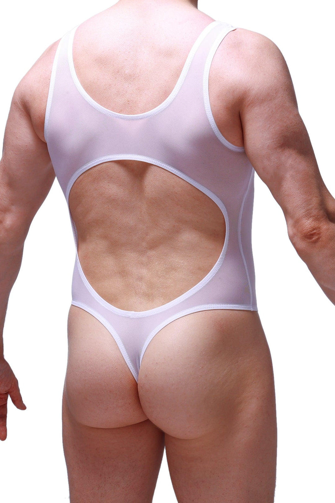 White sheer PetitQ Bodythong Nexon Net one-piece swimsuit with large back cutout and thin straps shown from back side