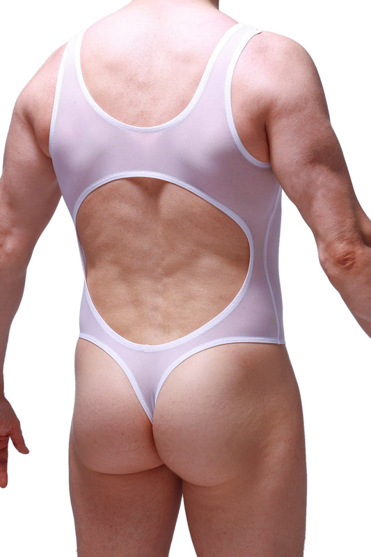 White sheer PetitQ Bodythong Nexon Net one-piece swimsuit with large back cutout and thin straps shown from back side