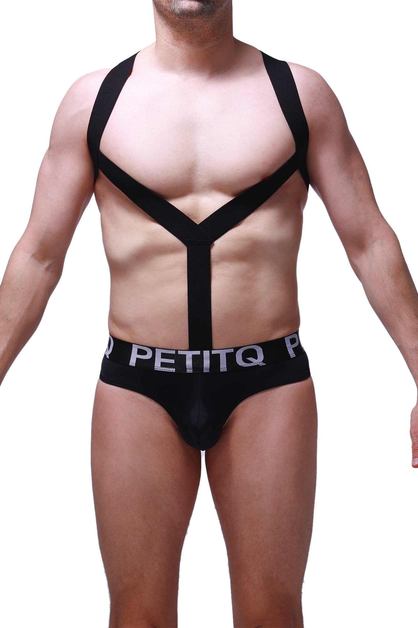 Black petitq bodythong ozel men’s harness underwear with y-shaped straps and elastic waistband shown from the back