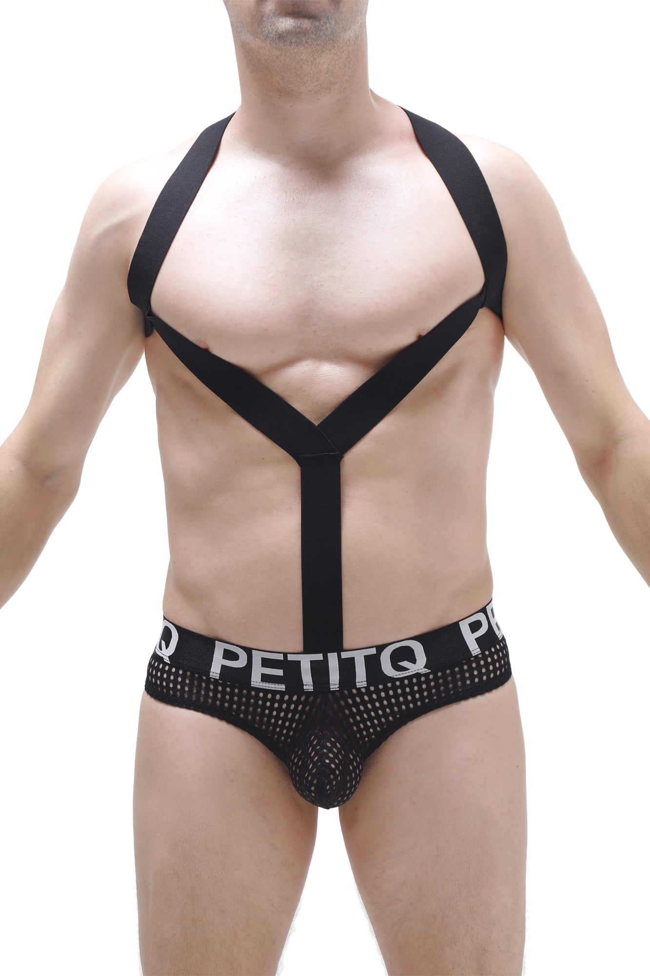 Black mesh PetitQ bodythong with bold logo band and black shoulder straps forming an x shape across the chest