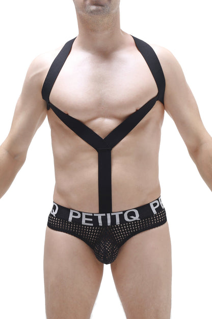 Black mesh PetitQ bodythong with bold logo band and black shoulder straps forming an x shape across the chest