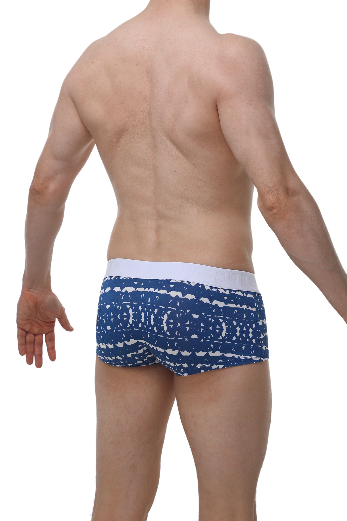 Blue and white patterned men’s boxer briefs with solid white waistband from petitq new denim collection