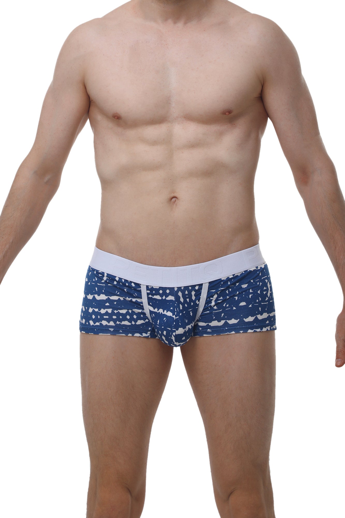 Petitq boxer brief new denim featuring blue and white patterned men’s briefs with a solid white waistband