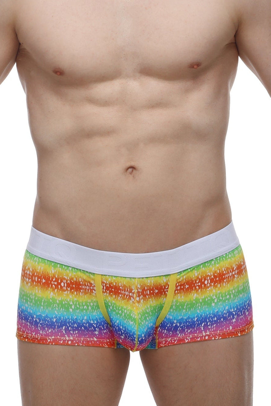 PetitQ boxer brief rainbow men’s rainbow-striped boxer briefs with white waistband and yellow drawstrings