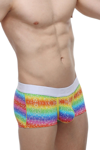 Petitq boxer brief rainbow featuring rainbow stripes with a white elastic waistband and speckled texture