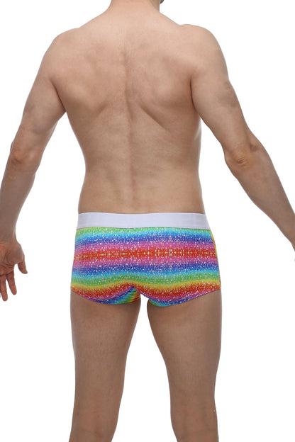 Petitq boxer brief rainbow glittery rainbow-striped men’s briefs with white waistband front view
