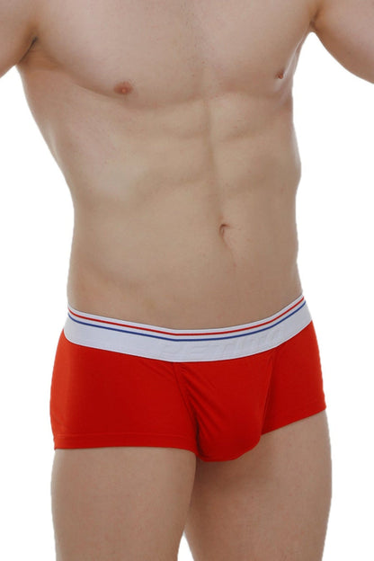 Red PetitQ boxer brief taik modal men’s briefs with white waistband featuring thin red and blue stripes