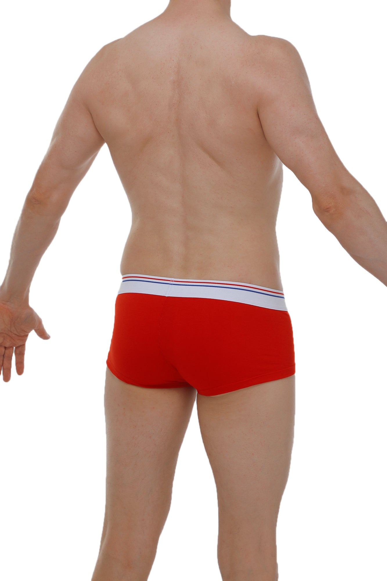 Red petitq boxer brief taik modal with white waistband and thin blue and red stripes for comfortable wear