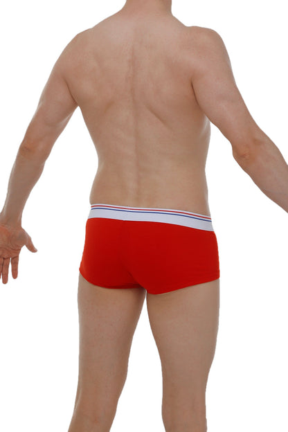 Red petitq boxer brief taik modal with white waistband and thin blue and red stripes for comfortable wear