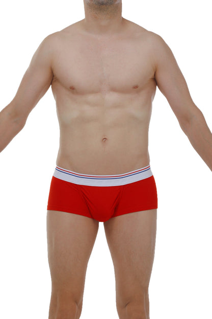 Red petitq boxer briefs with white waistband and thin blue and red stripes made from taik modal fabric