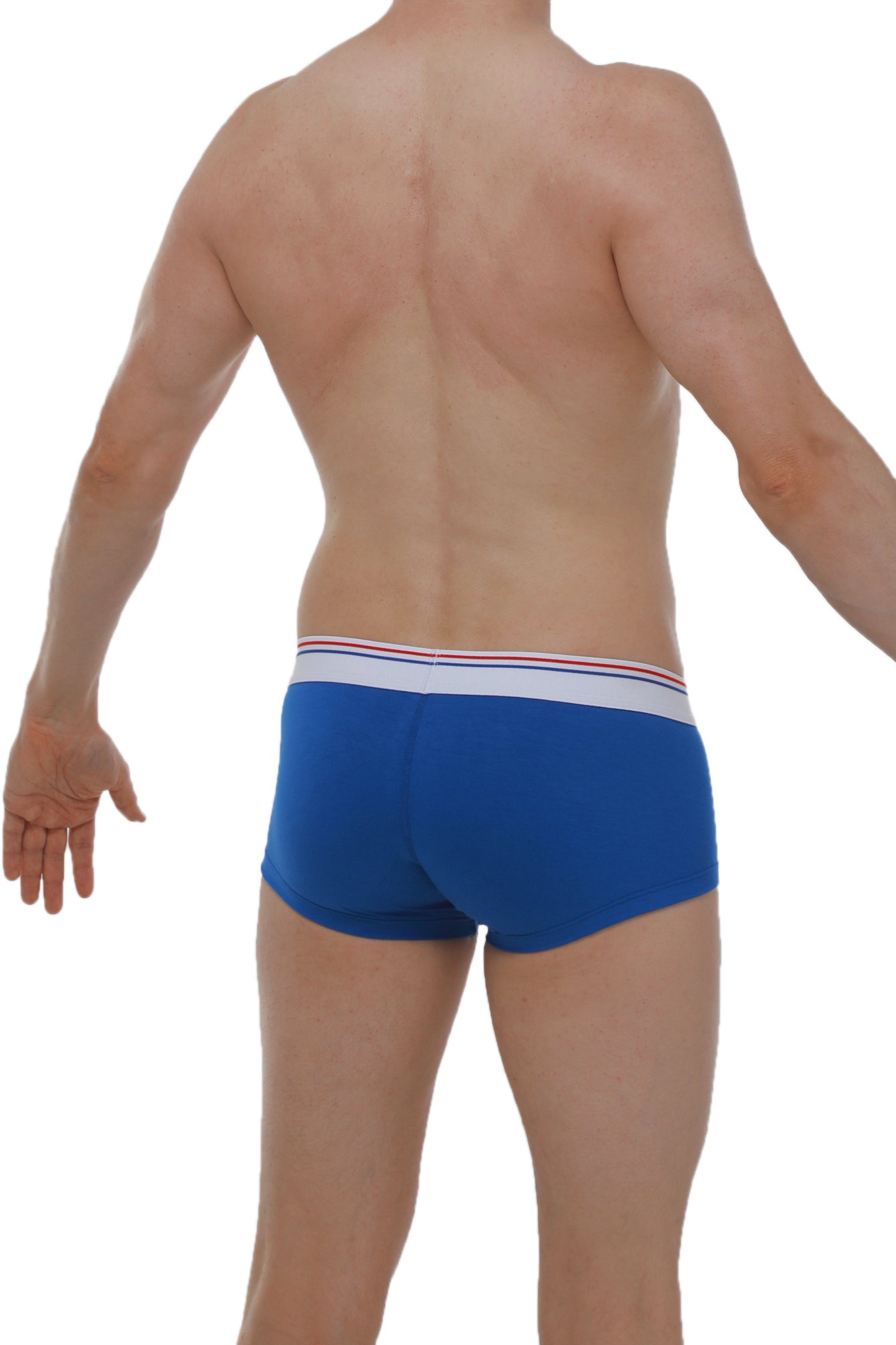 Blue men’s briefs petitq boxer chillax modal with white waistband and thin red and blue stripes in front view