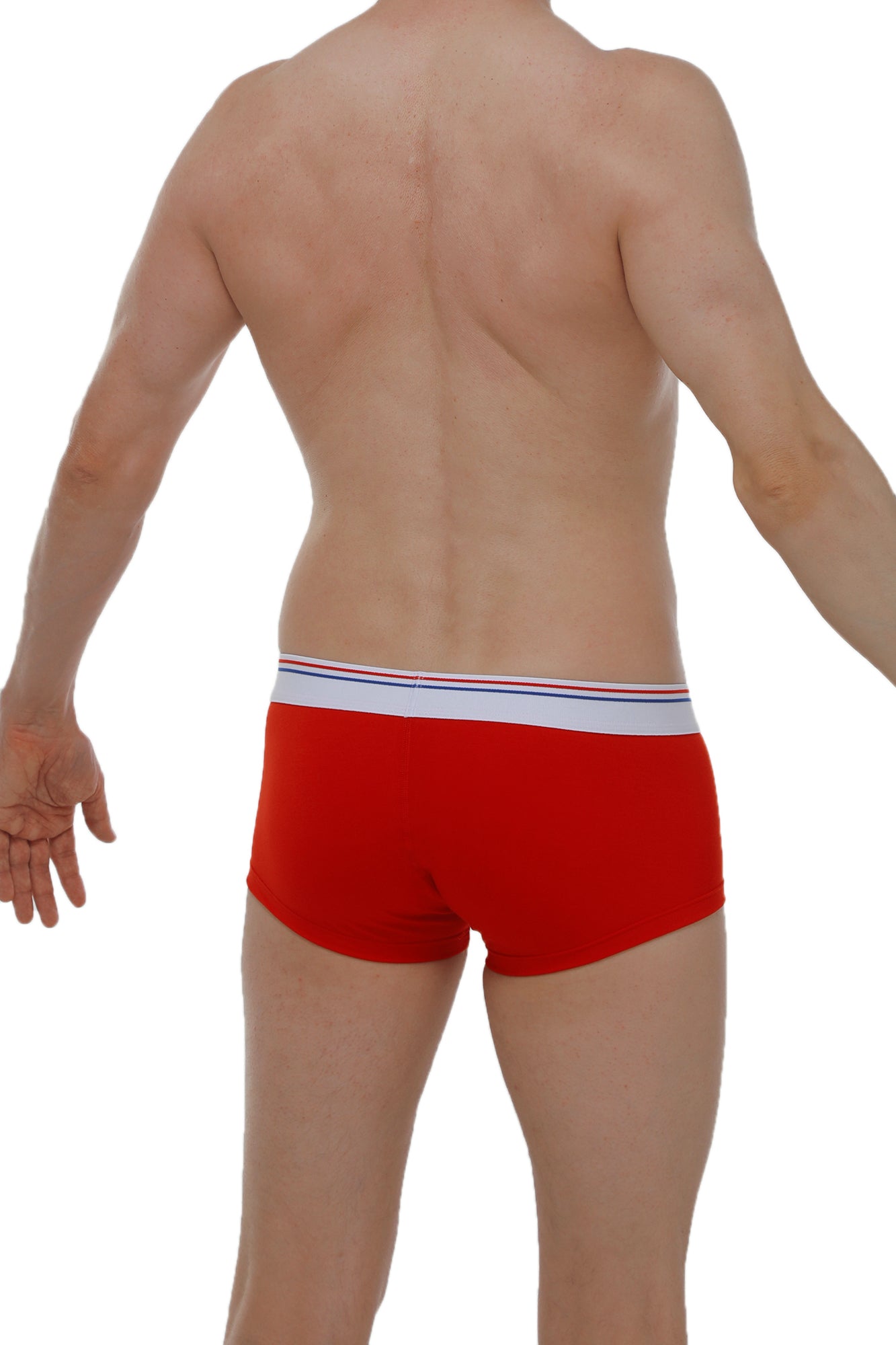 Petitq boxer chillax modal red briefs in red with a white waistband featuring thin blue and red stripes