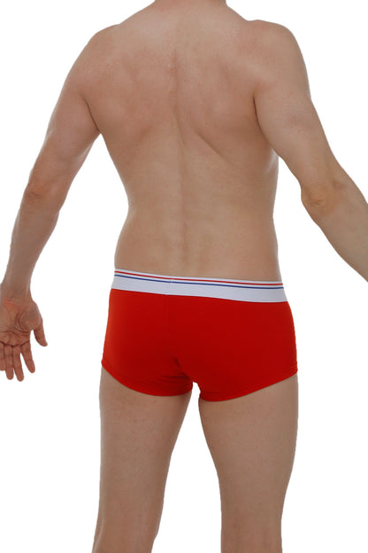 Petitq boxer chillax modal red briefs in red with a white waistband featuring thin blue and red stripes