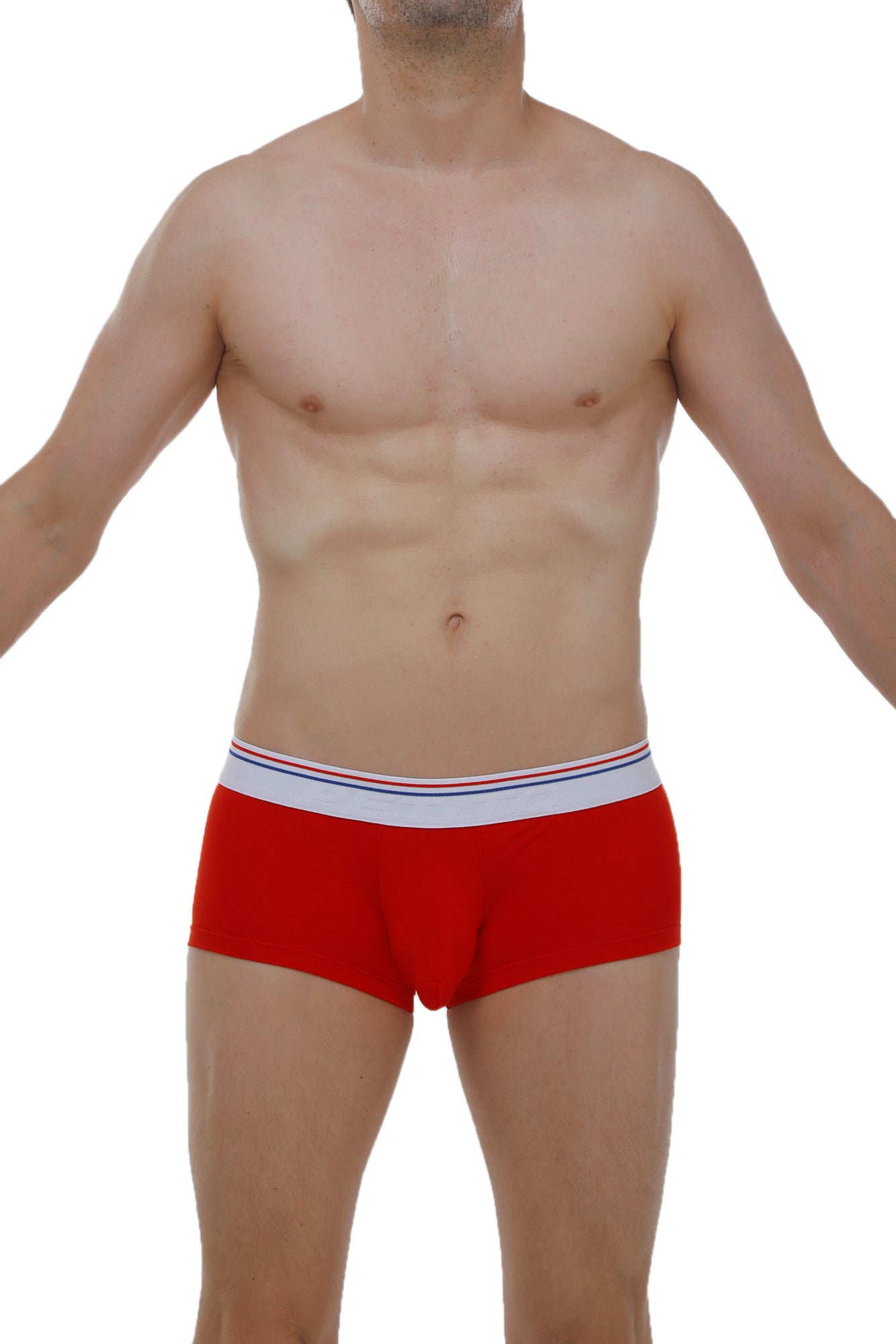 Red petitq boxer chillax modal briefs with a white waistband featuring thin red and blue stripes