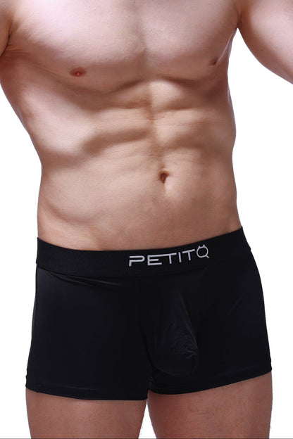 Black petitq boxer hang boxer briefs with sleek form-fitting design and subtle white branding on waistband