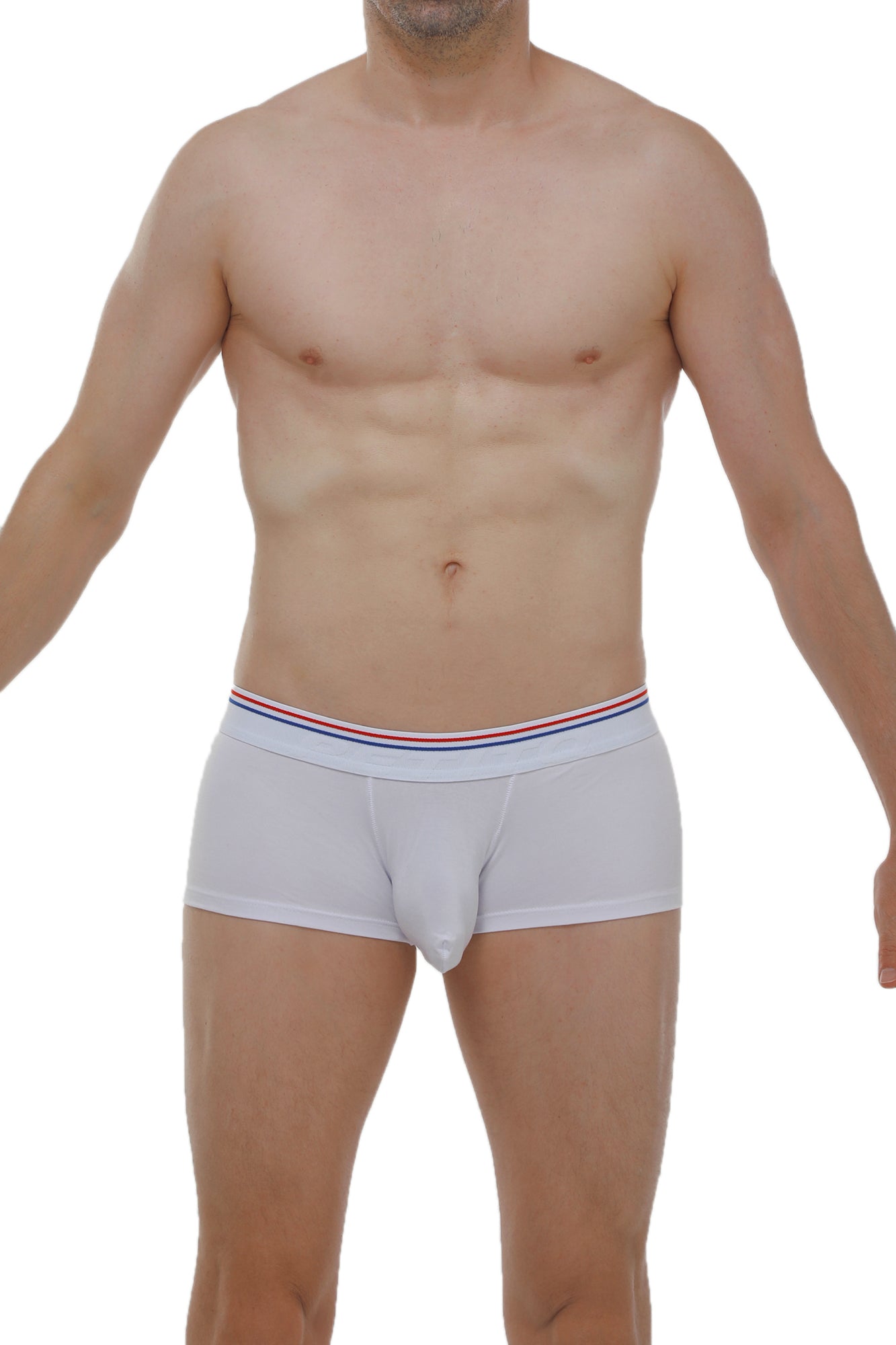 Petitq boxer linay modal white men’s briefs in white with a red white and blue striped elastic waistband