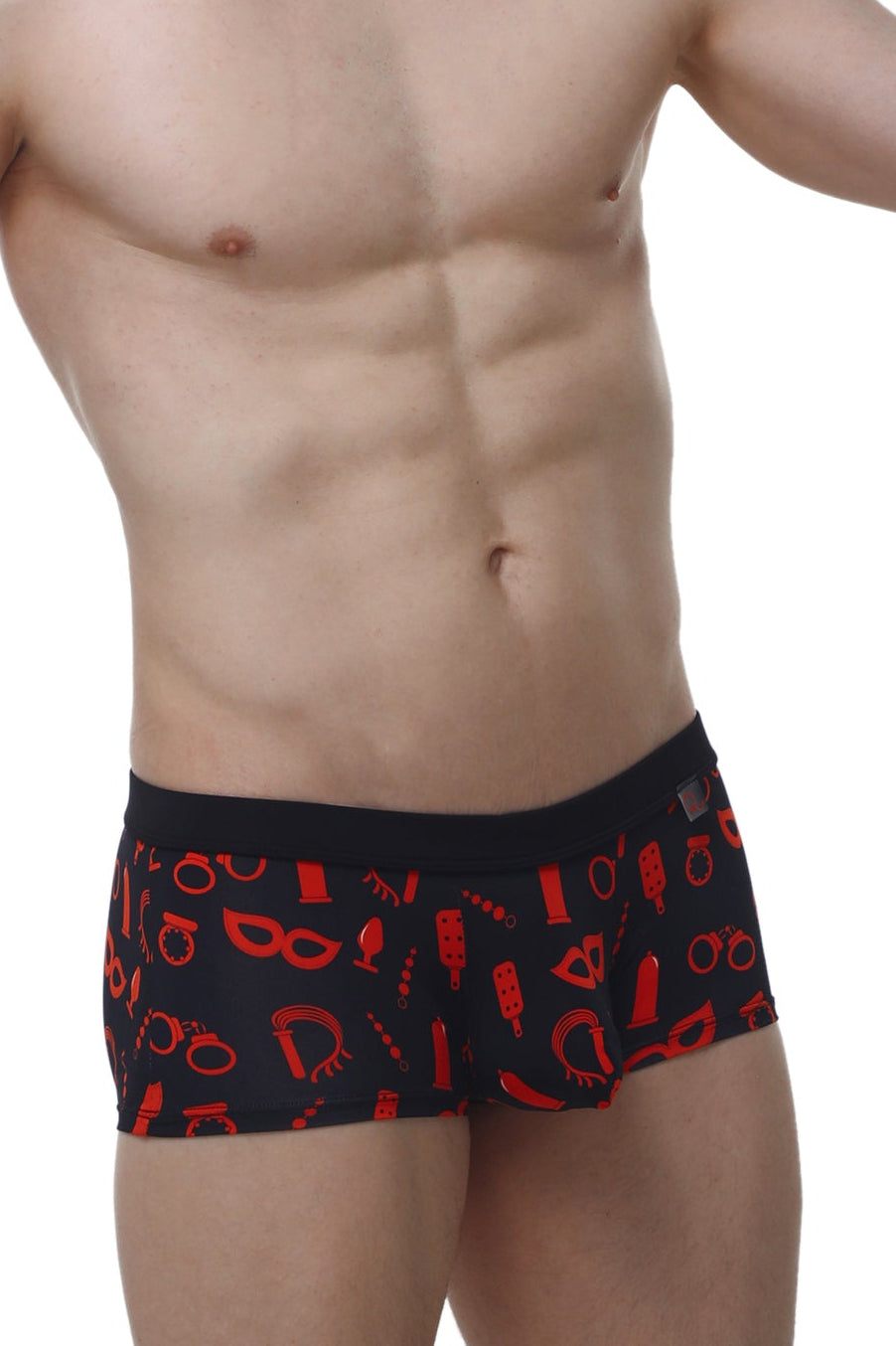 Black PetitQ boxer Meljac boudoir briefs with bold red erotic symbol pattern for stylish intimate wear