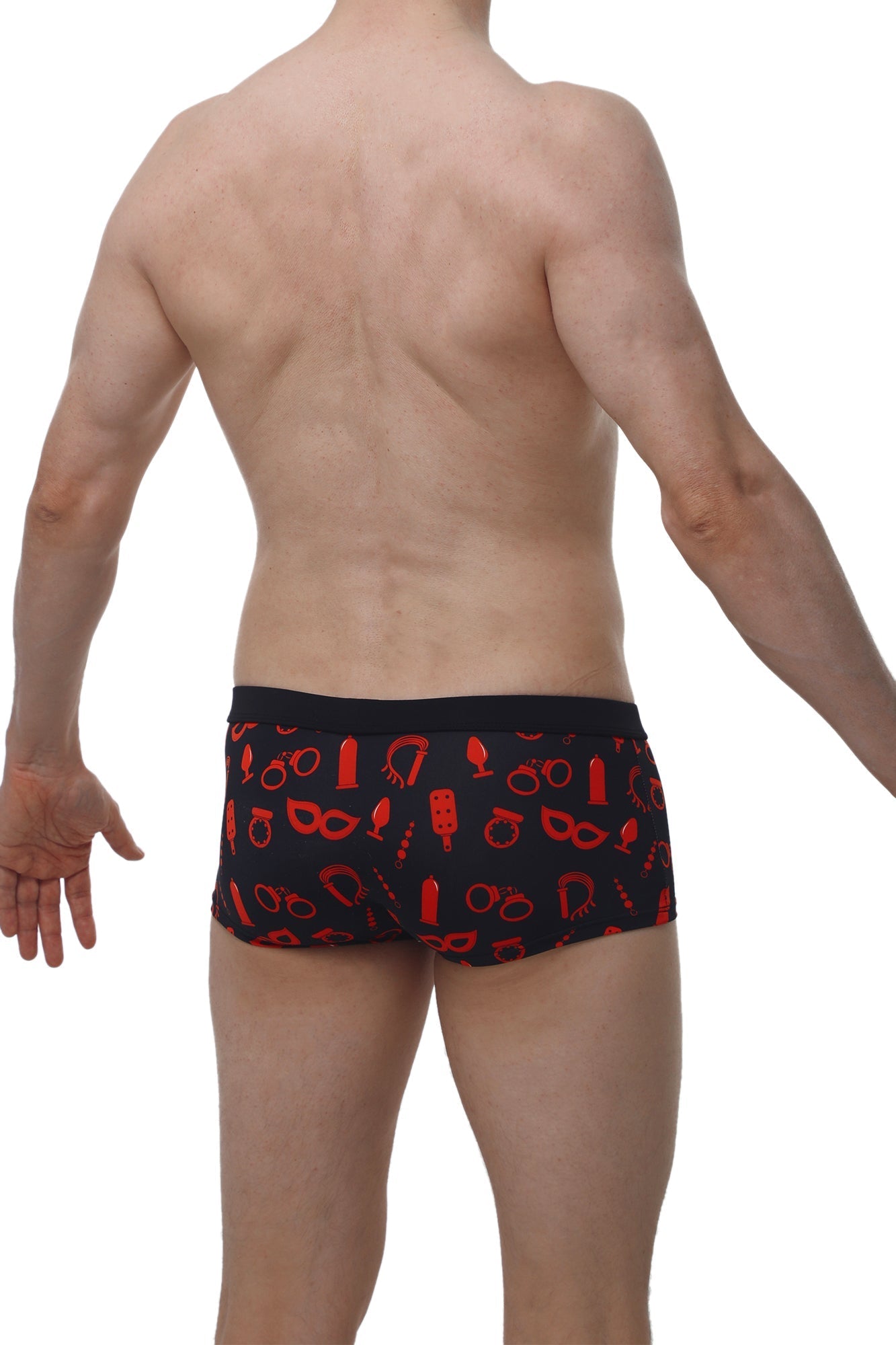Black petitq boxer meljac boudoir briefs with a bold red erotic symbol pattern for intimate wear