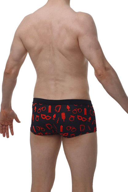 Black petitq boxer meljac boudoir briefs with a bold red erotic symbol pattern for intimate wear