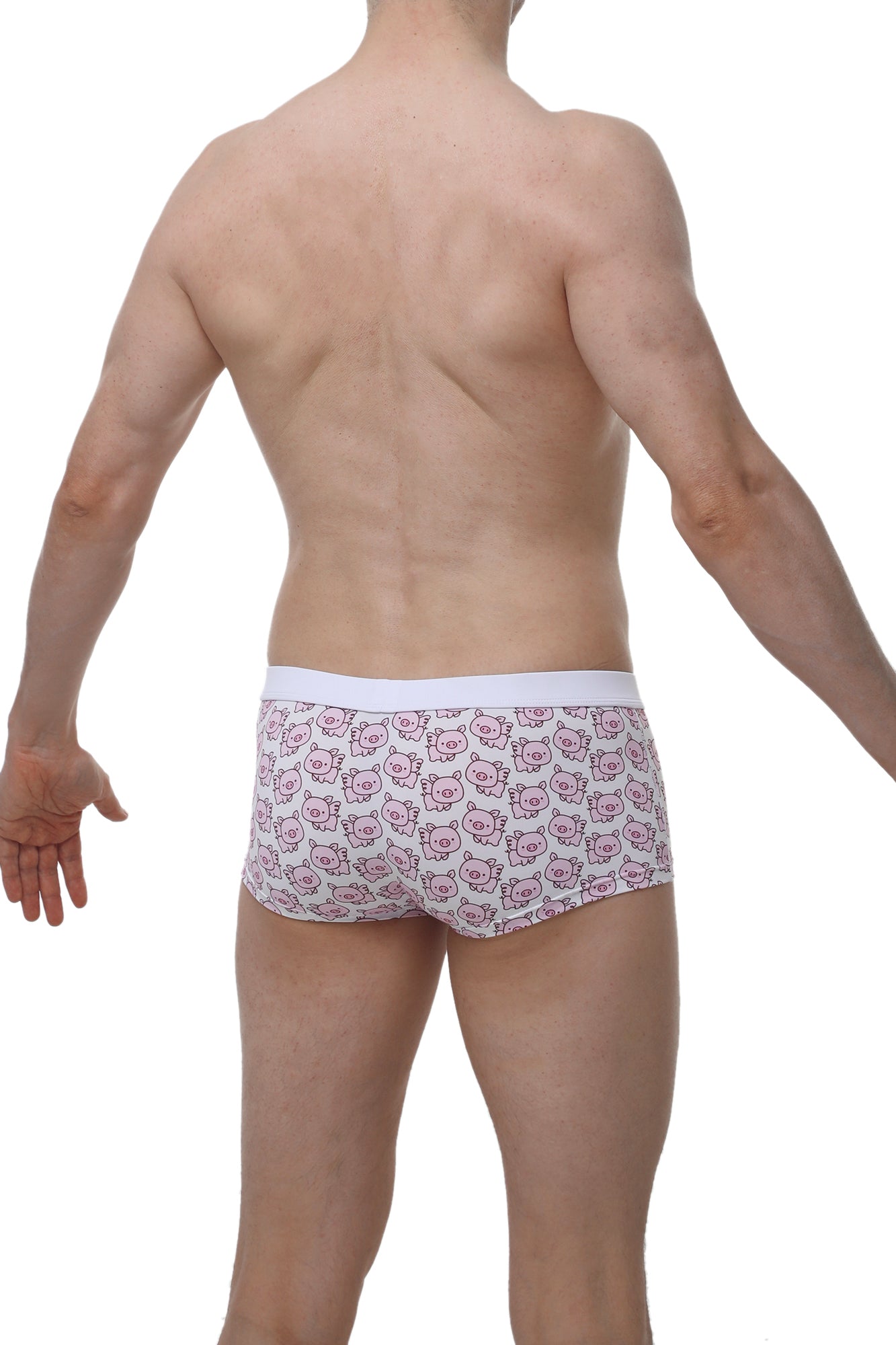 White briefs from PetitQ boxer Meljac piggy love featuring a light background with pink cartoon pig pattern