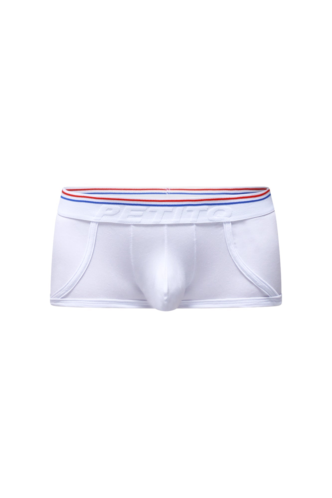 White petitq boxer morrier briefs with a red white and blue striped elastic waistband featuring the petitbag logo