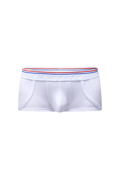 White petitq boxer morrier briefs with a red white and blue striped elastic waistband featuring the petitbag logo