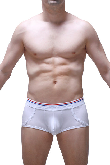 White petitq boxer morrier briefs with red white and blue striped waistband and dentist brand name in black