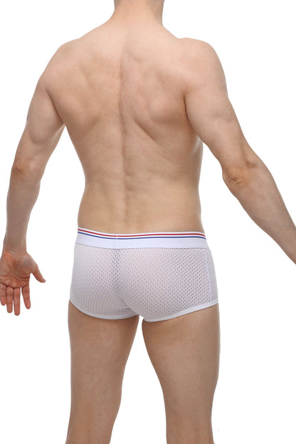 PetitQ boxer Olloix Bee white white mesh briefs with a red white and blue striped waistband front view