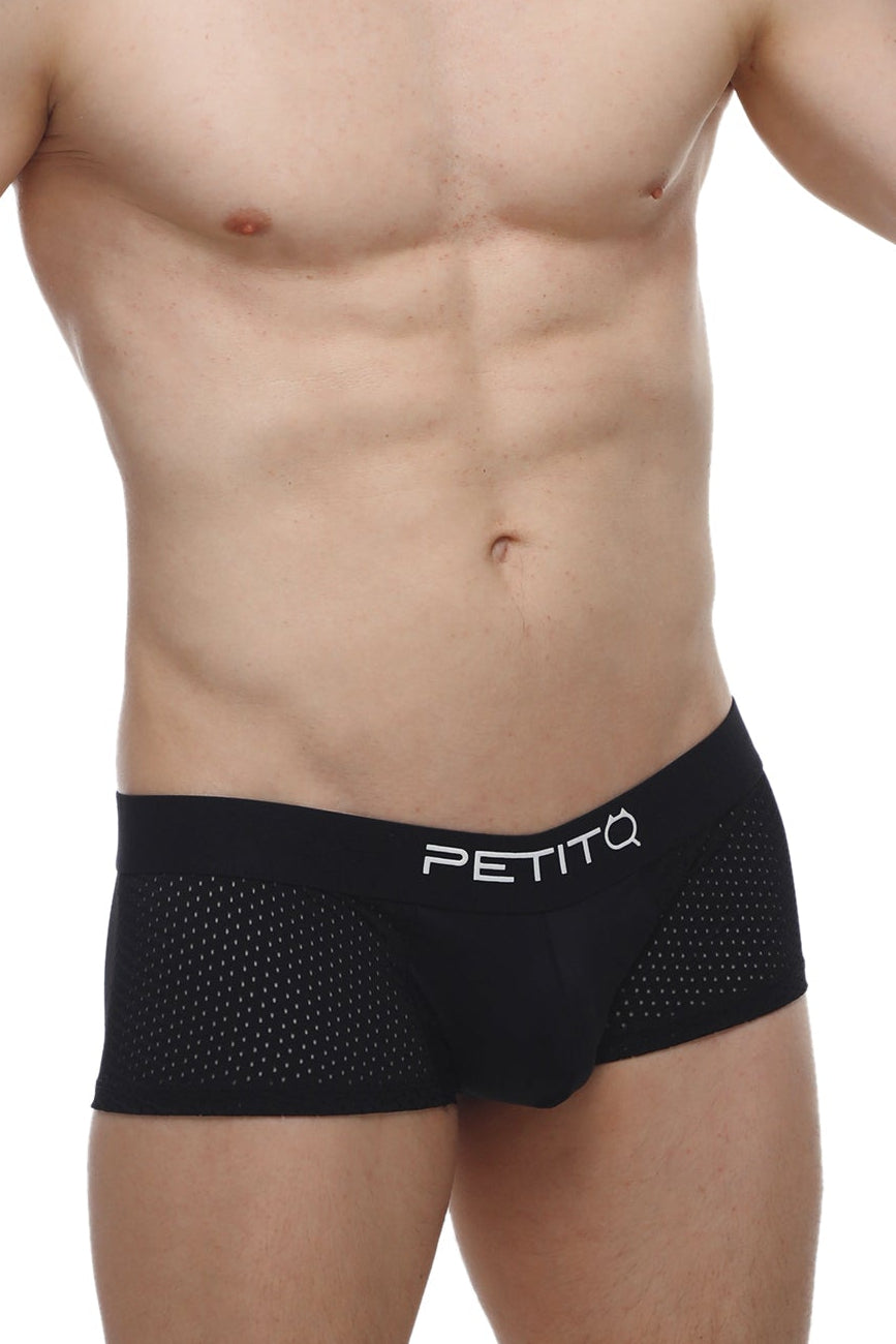 Black mesh briefs petitq boxer oncieux bee black with white petitq logo on the waistband front view