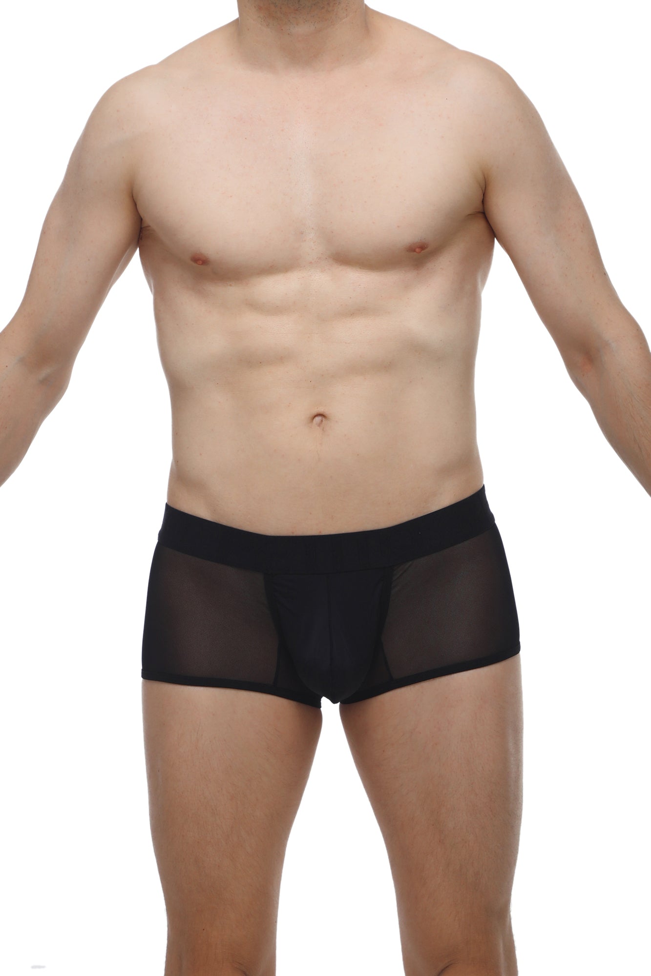 Petitq boxer oncieux black mesh briefs with solid black waistband showing front side design