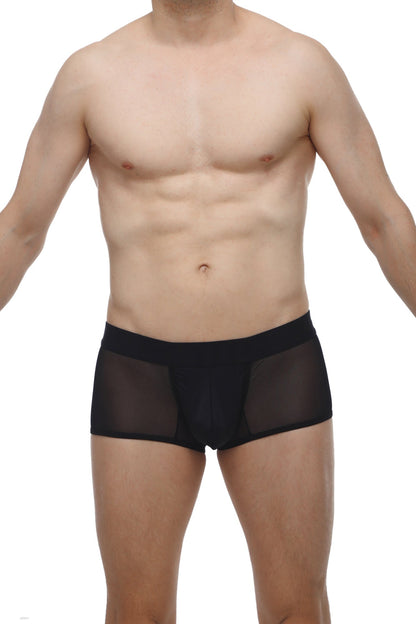 Petitq boxer oncieux black mesh briefs with solid black waistband showing front side design