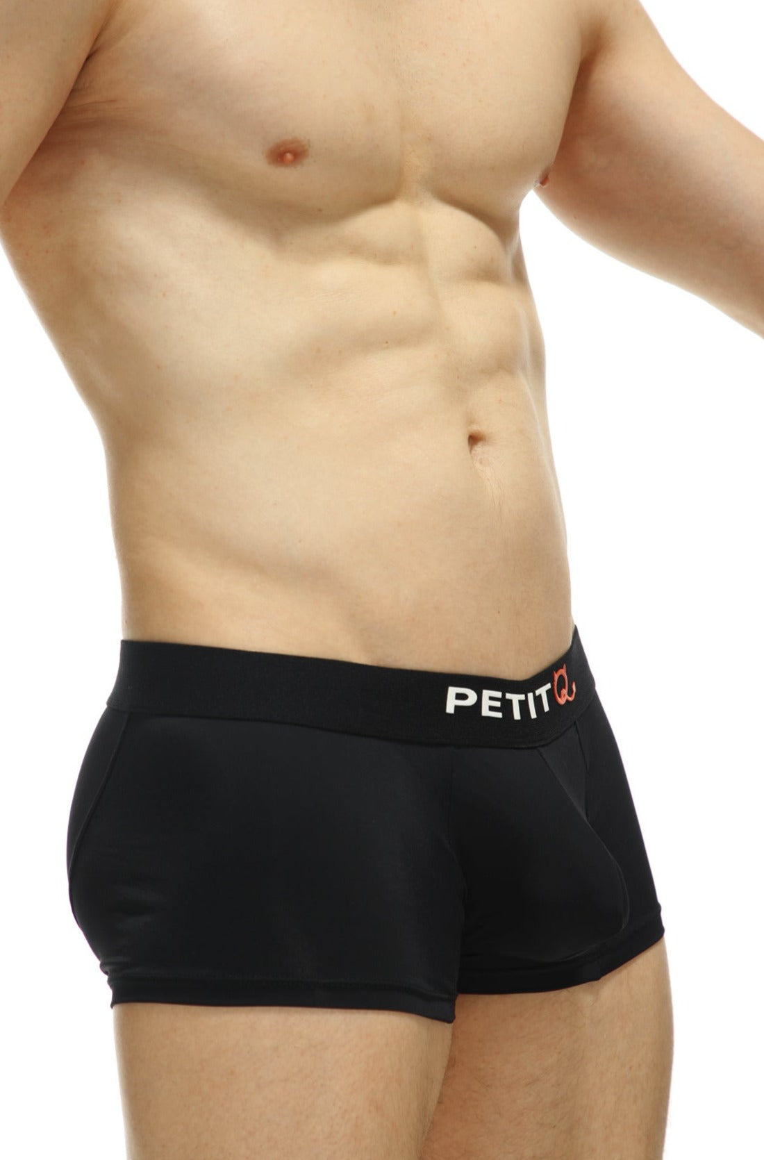 Black men’s briefs with a white petit logo and red stylized q on waistband made from recycled material