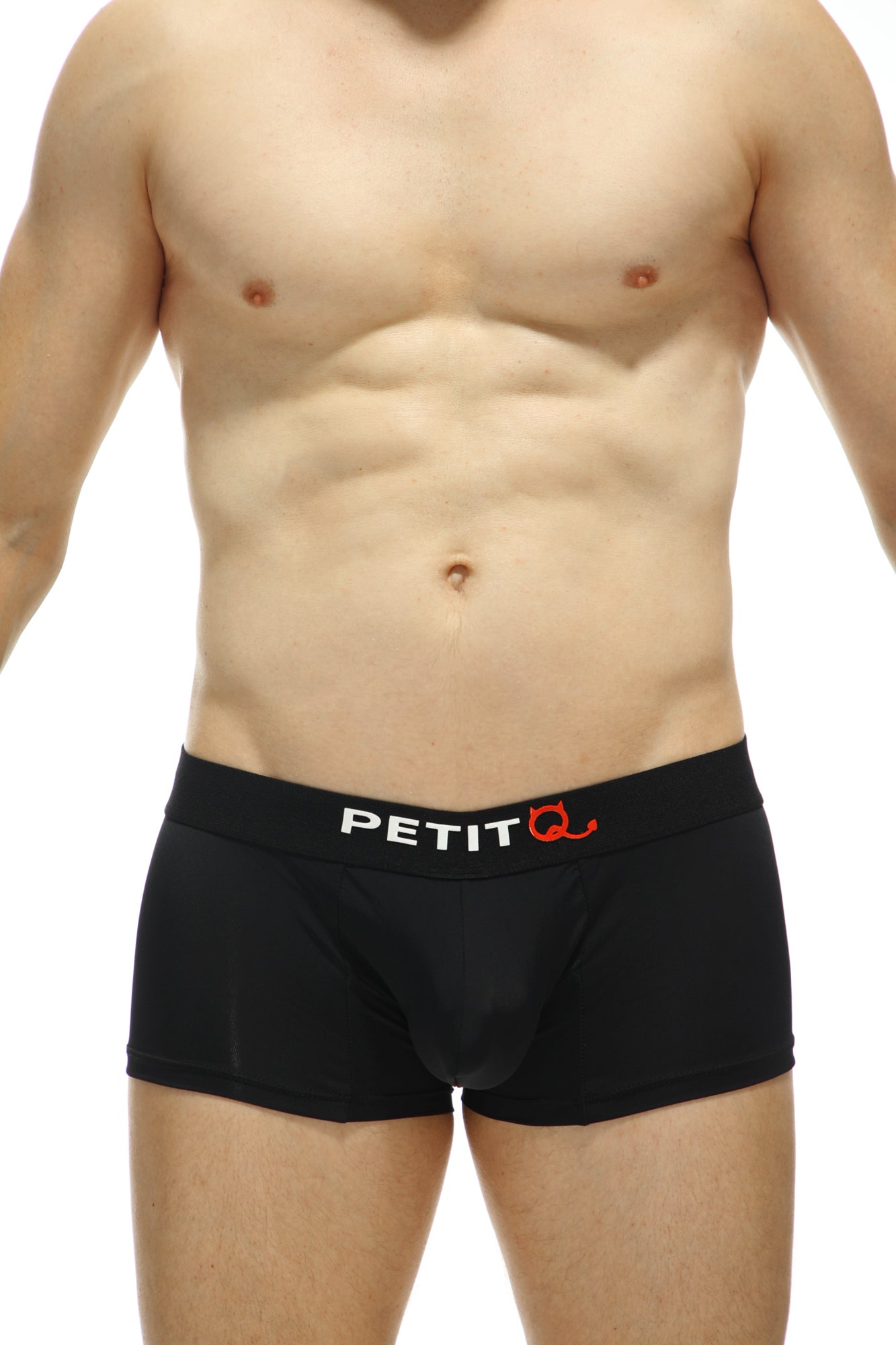 Black men’s briefs with a white and red petitq logo on the waistband made from recycled material