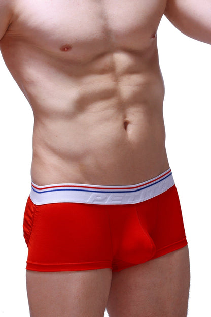 Petitq boxer push-up red men’s briefs in red with a white elastic waistband featuring red and blue stripes and peak branding