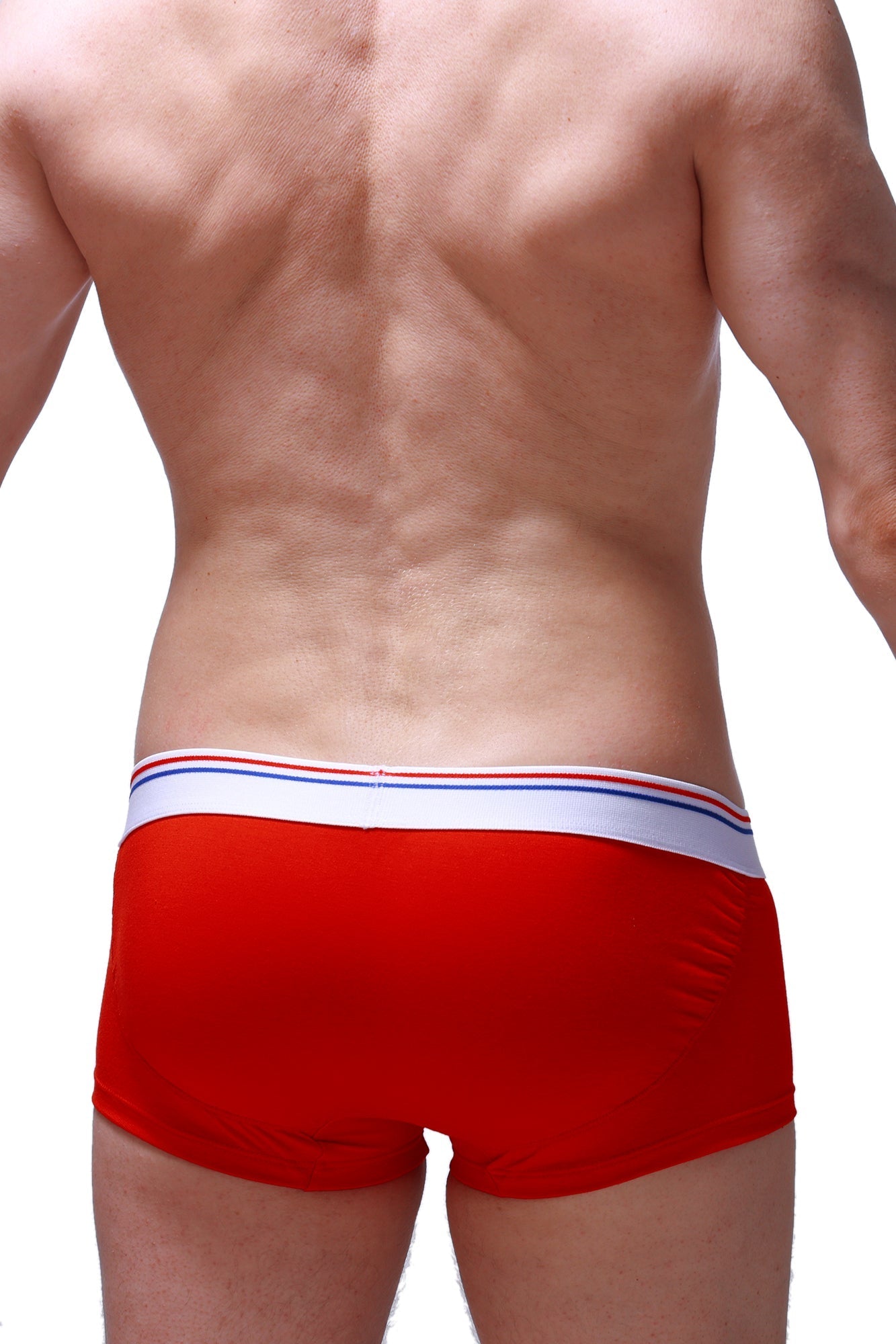 Petitq boxer push-up red men’s briefs in red with a white waistband featuring thin red and blue stripes