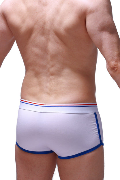 PetitQ boxer retro hang white athletic briefs with blue trim and red white and blue striped waistband in front view