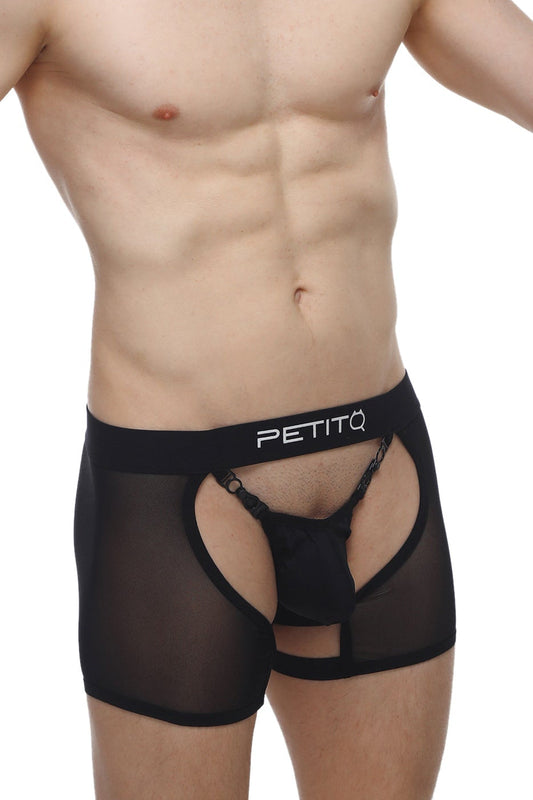 Black sheer mesh boxer string briefs with solid black petitq logo waistband in the angy black style