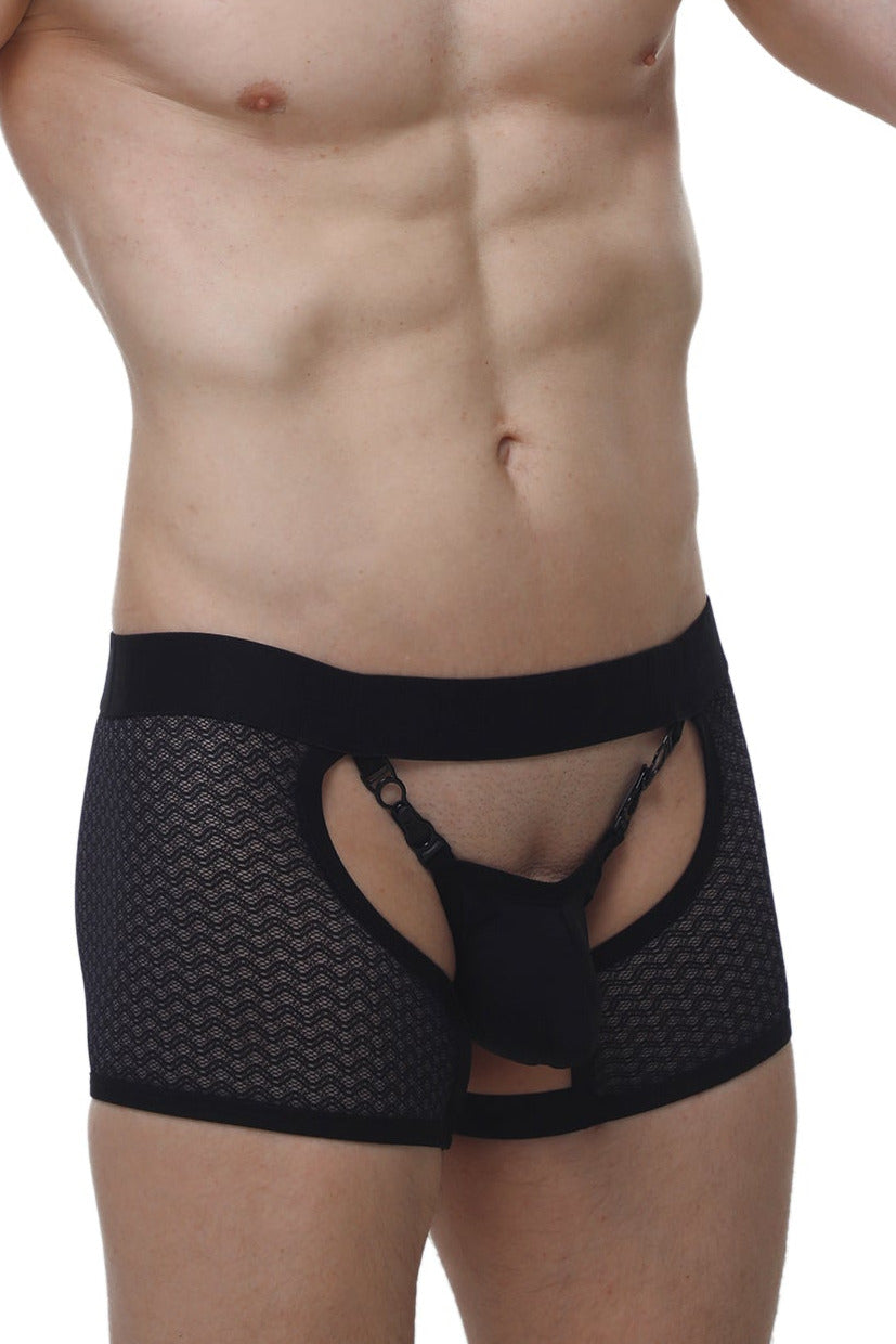 Black mesh PetitQ boxer string garter briefs with central harness design made of angy macra fabric