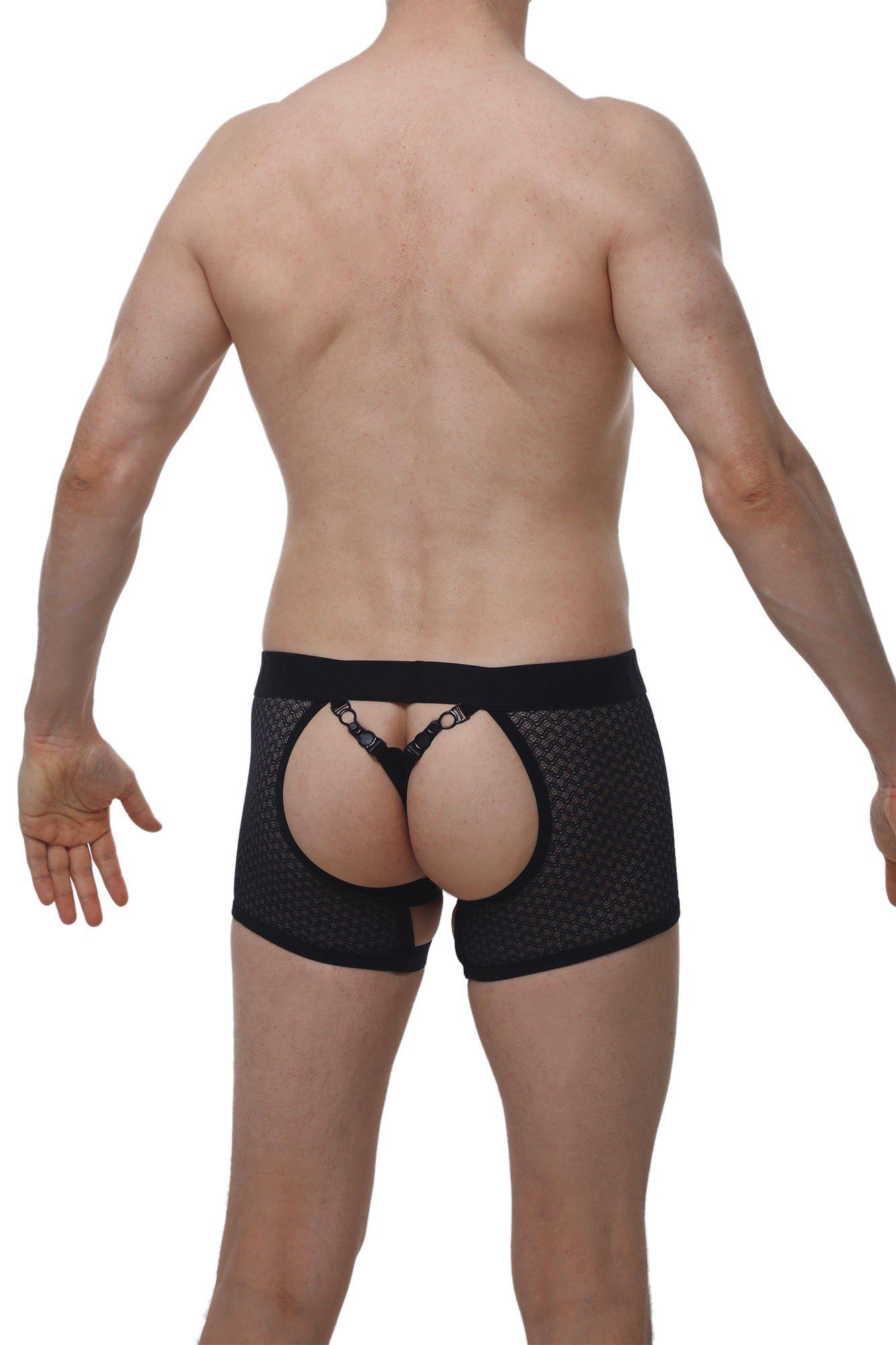Black mesh petitq boxer string garter angy macra briefs with cutout design and lace trim