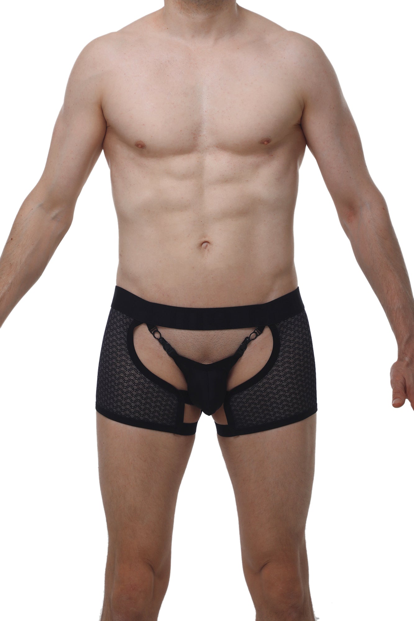 Black mesh briefs with solid waistband and cut-out design from petitq boxer string garter angy macra black